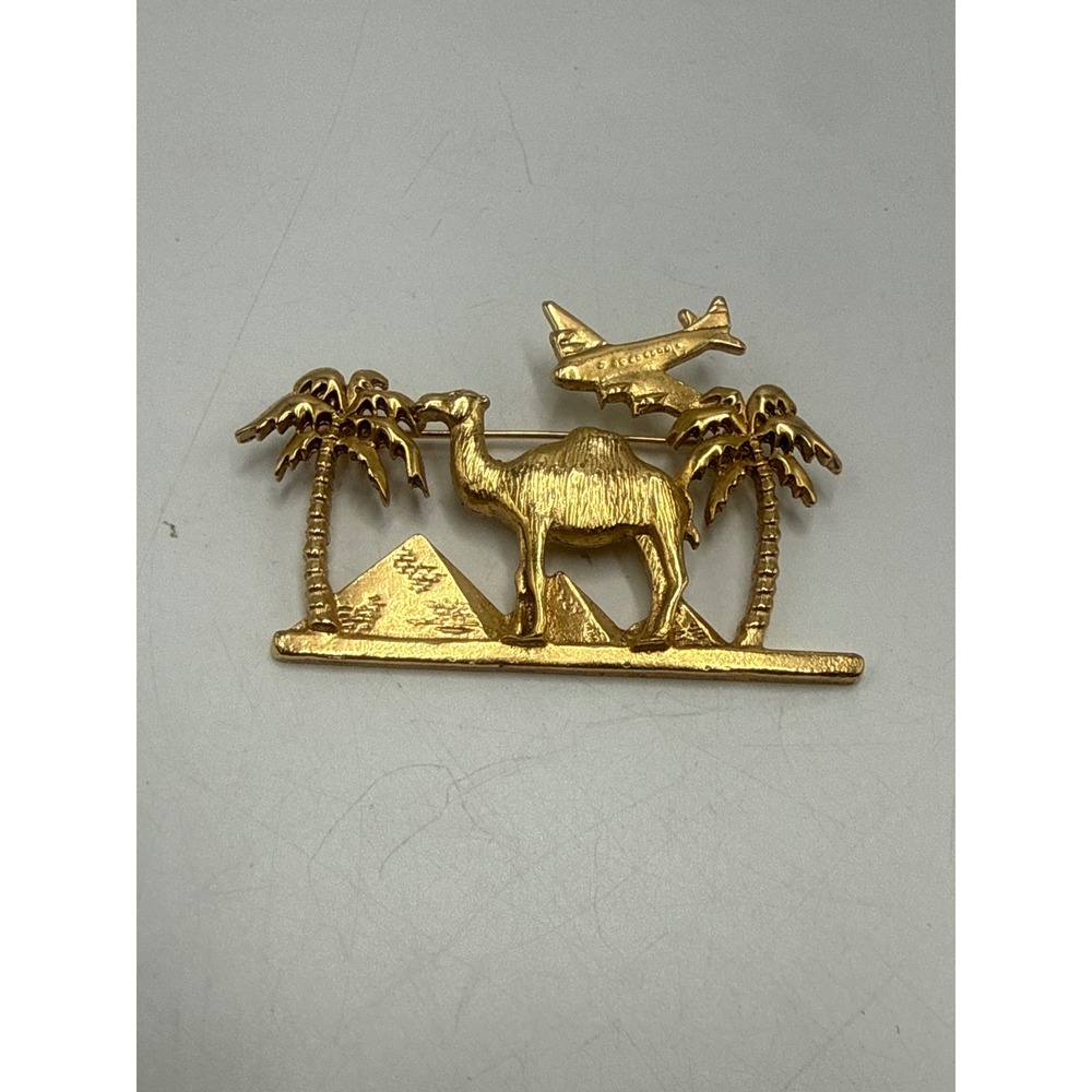 Vintage Gold Tone Desert Scene Brooch Camel Pyramids Palm Trees Airplane Pin